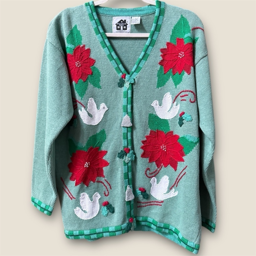 Storybook Knits Green and Red Christmas Floral and doves Cardigan
